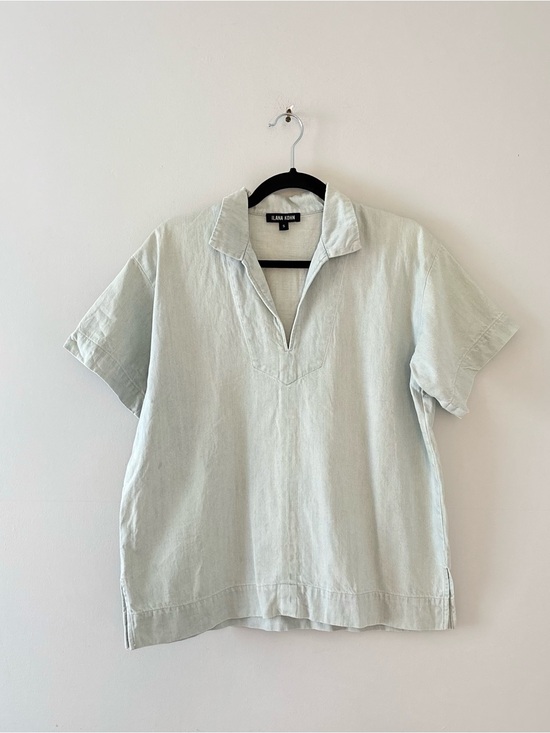 Ilana Kohn Tops - Ilana Kohn Denim Short Sleeve Blouse Flowy Boxy Oversized Collar Blue